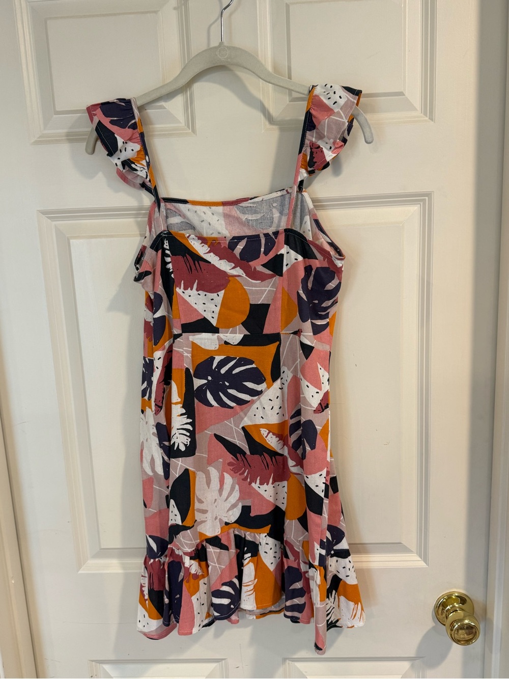 Floral Geometric Pink & Mustard Sundress with Ruffle Hem